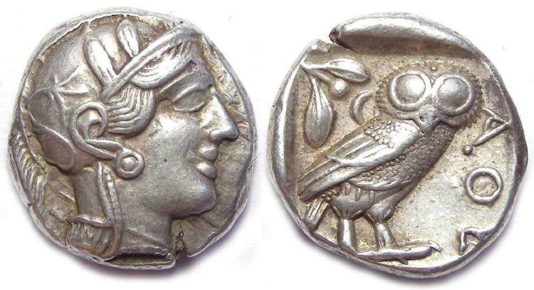 Silver tetradrachm (τετράδραχμον). Athena on the obverse. On the reverse, her sacred owl, an olive sprig, and ΑΘΕ for Athen